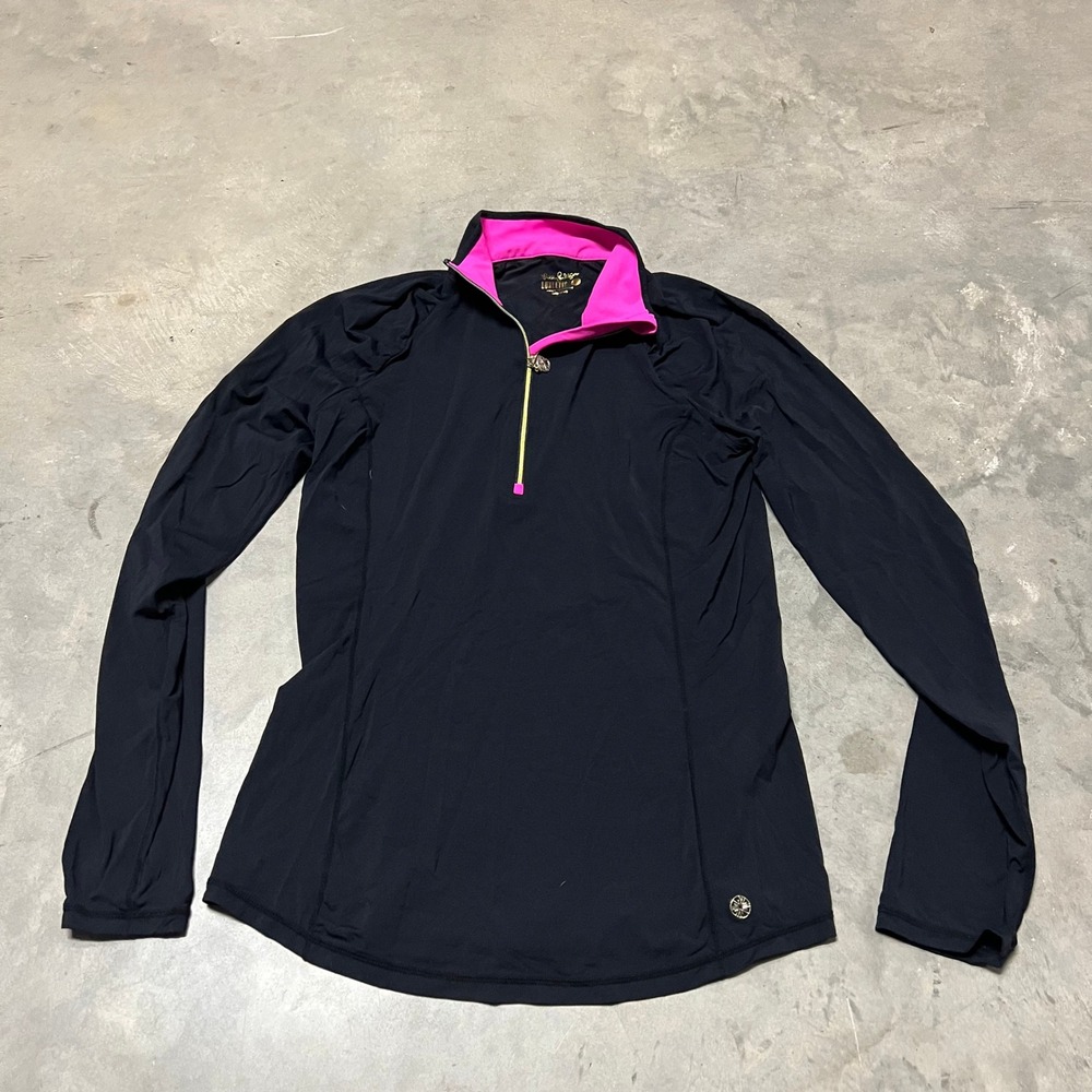 Lilly Pulitzer Luxletic Black Pink Half Zip Pullover Meryl Nylon Top Large L